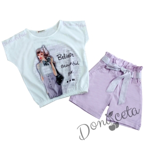 Комплект за момиче от тениска в бяло и къси панталони в лилаво