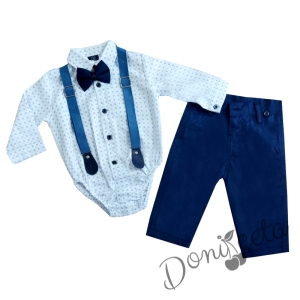 Комплект от панталон в синьо, боди-риза в бяло, тиранти и папийонка