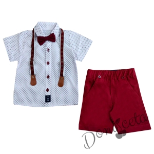 Комплект от риза с къс ръкав в бяло, панталон в червено, папийонка и тиранти