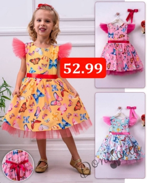 Детска рокля с къс ръкав в циклама с пеперуди и лента за коса
