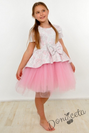 Официална детска рокля в розово с къс ръкав на цветя и тюл 