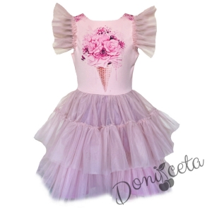 Официална детска рокля с къс ръкав и тюл в розово