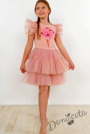 Официална детска рокля с къс ръкав и тюл в розово