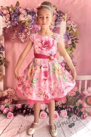 Официална детска рокля с къс ръкав в розово на цветя 297РМ
