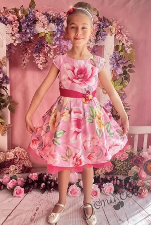 Официална детска рокля с къс ръкав в розово на цветя 297РМ