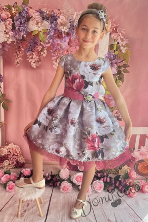 Официална детска рокля с къс ръкав в сиво на цветя 297СВБ