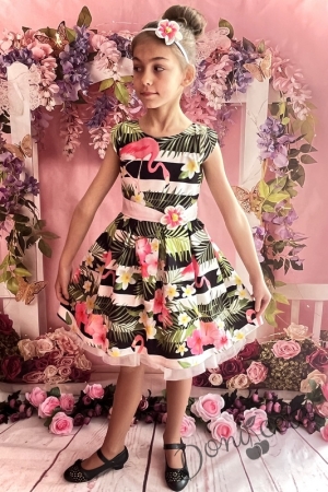 Официална детска рокля с къс ръкав в черно и бяло с фламинго 297Ф