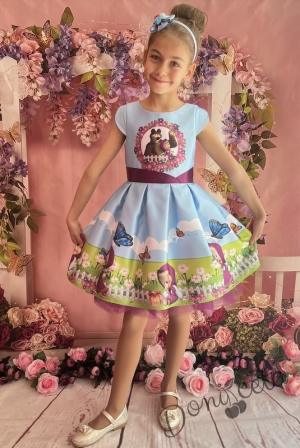 Официална детска рокля с къс ръкав в светлосиньо с Маша 297МШМ