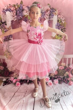 Официална детска рокля на цветя с къс ръкав в розово и тюл 288РМ