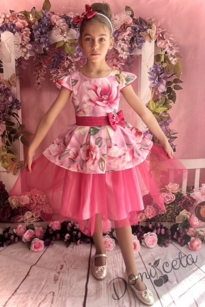 Официална детска рокля на цветя с къс ръкав в розово и тюл 281РМ