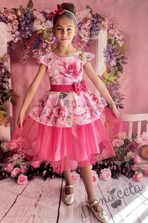 Официална детска рокля на цветя с къс ръкав в розово и тюл 281РМ
