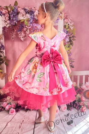 Официална детска рокля на цветя с къс ръкав и тюл в циклама 379РМ