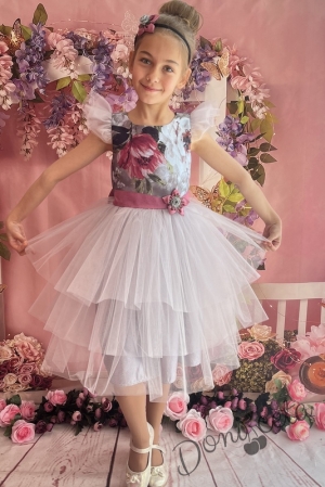 Официална детска рокля на цветя с къс ръкав и тюл в сиво 288СВБСТ