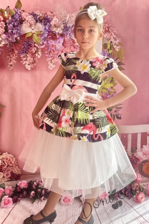 Официална детска рокля в черно и бяло с фламинго и тюл в бяло 281Ф
