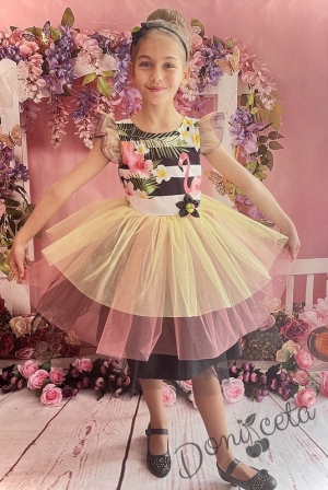 Официална детска рокля с фламинго и многоцветен тюл 288ФЗЦ