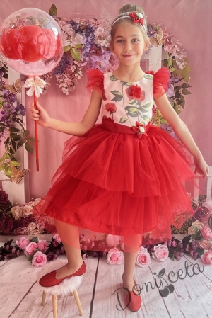 Официална детска рокля на цветя и богат тюл в червено 288ЗДЧР