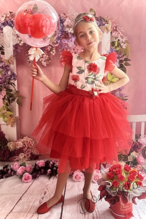 Официална детска рокля на цветя и богат тюл в червено 288ЗДЧР