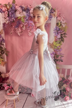 Официална детска рокля с къс ръкав в сребристо и тюл 298СБ