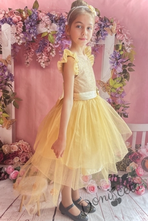 Официална детска рокля с къс ръкав в златисто и тюл 298ЗБ