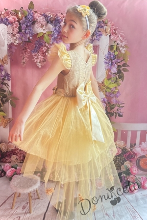 Официална детска рокля с къс ръкав в златисто и тюл 298ЗБ