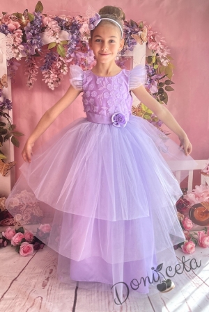 Официална дълга детска рокля с къс ръкав в лилаво с тюл 288ЛЦД