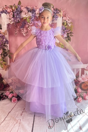 Официална дълга детска рокля с къс ръкав в лилаво с тюл 288ЛЦД