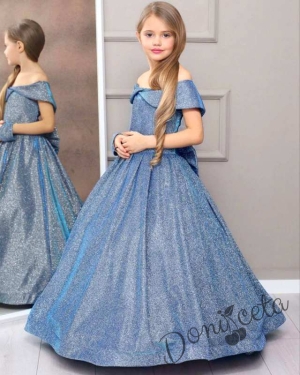 Официална дълга детска рокля Шайн в синьо с блясък и обръч