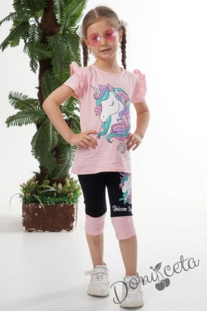 Комплект за момиче от тениска в розово с Пони/Еднорог и клин в черно