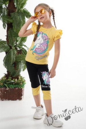 Комплект за момиче от тениска в жълто с Пони/Еднорог и клин в черно