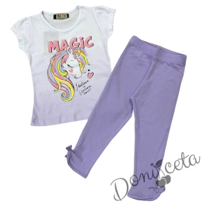 Комплект за момиче от тениска в бялоо с Пони/Еднорог и клин в лилаво