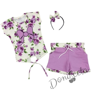 Комплект за момиче от тениска, къси панталони и диадема в лилаво с цветя
