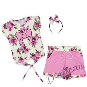 Комплект за момиче от тениска, къси панталони и диадема в розово с цветя