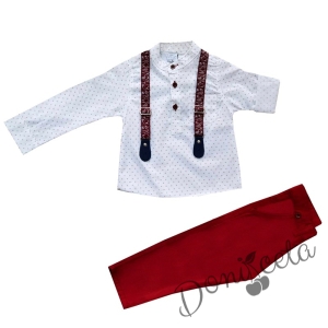Комплект от панталон в червено и риза в бяло с тиранти 775635