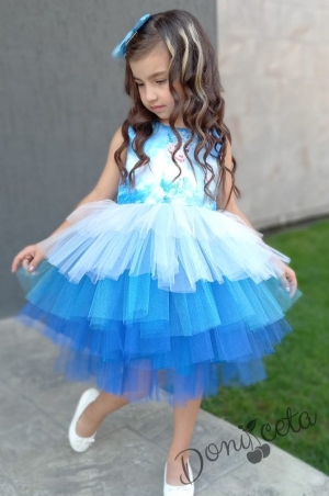 Детска рокля без ръкав с Елза в синьо с тюл на пластове