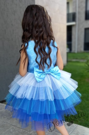 Детска рокля без ръкав с Елза в синьо с тюл на пластове