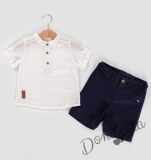Комплект от тениска в бяло и къпи панталони в тъмносиньо 9346463