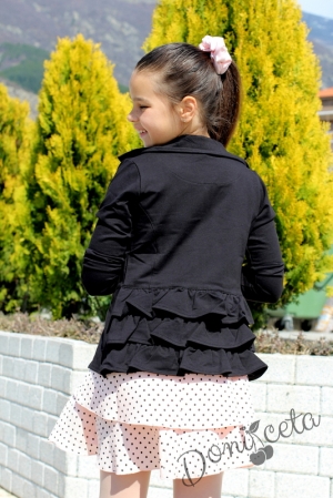 Детска рокля без ръкав в прасковено на точки и сако в черно