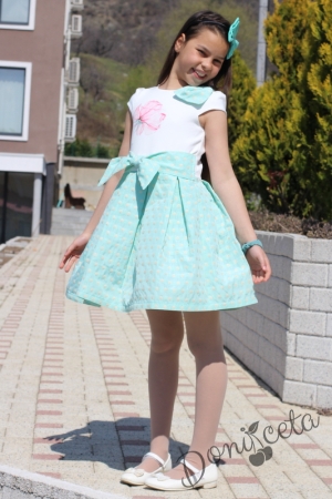 Официална детска рокля в цвят мента с къс ръкав