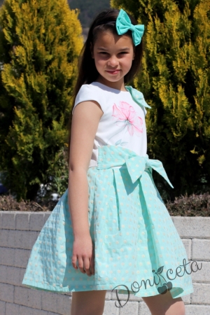 Официална детска рокля в цвят мента с къс ръкав