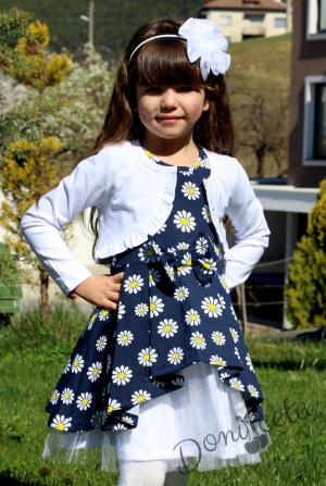 Комплект от детска рокля в тъмносиньо на маргаритки с къс ръкав и болеро