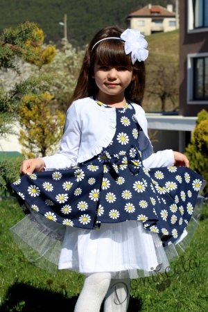 Комплект от детска рокля в тъмносиньо на маргаритки с къс ръкав и болеро