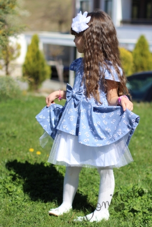 Детска рокля Надежда с къс ръкав с бели маргаритки с тюл в бяло