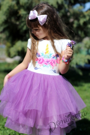Детска рокля в бяло и тюл в лилаво с Пони/Еднорог