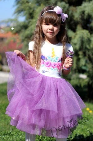 Детска рокля в бяло и тюл в лилаво с Пони/Еднорог