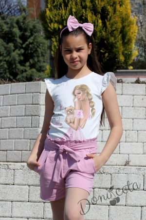 Летен комплект момиче от къси панталони в пепел от рози и тениска