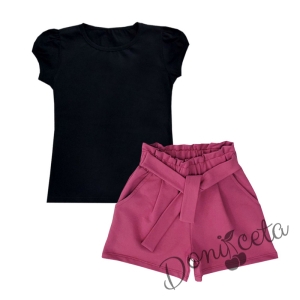 Детски комплект от къси панталонки в циклама и тениска в черно за момиче