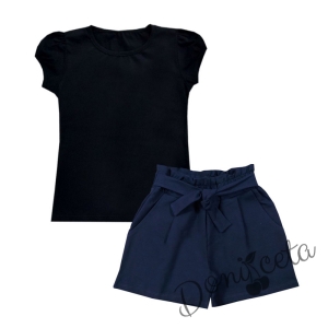 Детски комплект от къси панталонки в тъмносиньо и тениска в черно за момиче