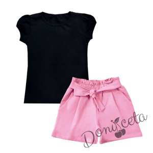 Детски комплект от къси панталонки в розово и тениска в черно за момиче
