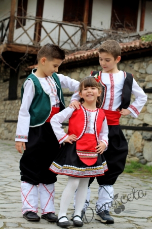 Детска носия 2-риза, пола, елек и престилка с фолклорни/етно мотиви 