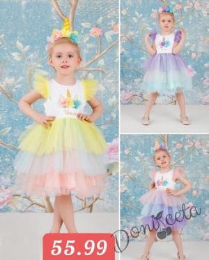 Детска рокля с къс ръкав с Пони/Еднорог в бяло с многоцветен тюл 4576841